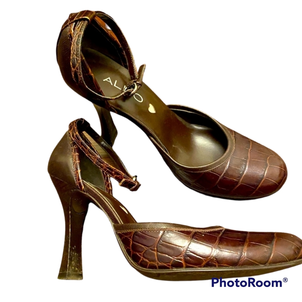 Aldo dark brown Faux Alligator Skin Mary Jane High Heel Shoes
